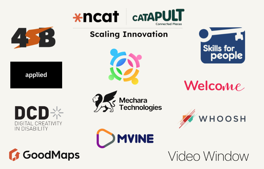 A collage of thirteen various organization and company logos arranged on a light background. The logos include: 4SB; ncat; Catapult Connected Places with the text "Scaling Innovation" below them; Skills for people; applied; Welcome; DCD (Digital Creativity in Disability); Mechara Technologies; WHOOSH; GoodMaps; MVINE; Video Window; and a central logo featuring four brightly coloured abstract figures forming a circle.